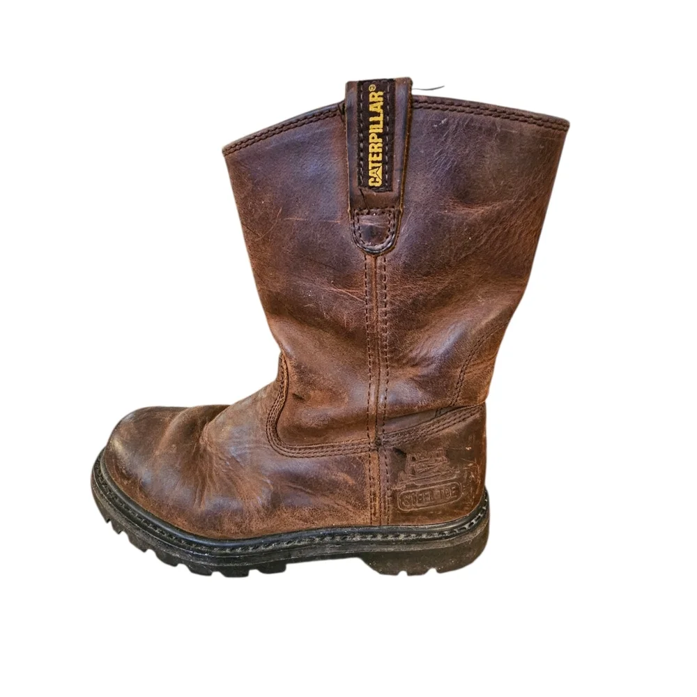 Caterpillar CAT Steel Toe Work Boots Men’s 7.5 Brown Leather‎ Pull On Wellington